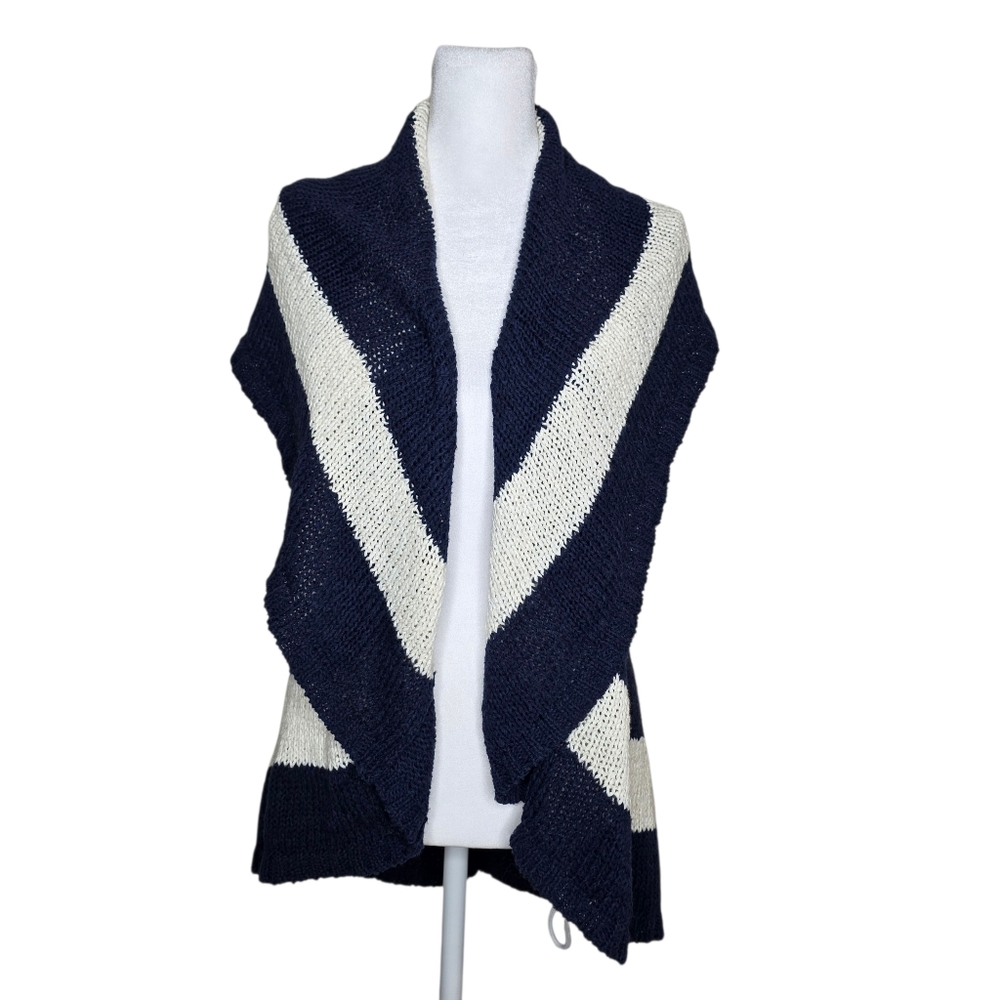 Cabi Womens Sleeveless Cardigan Open Front Knit Sweater Navy And White Size XS